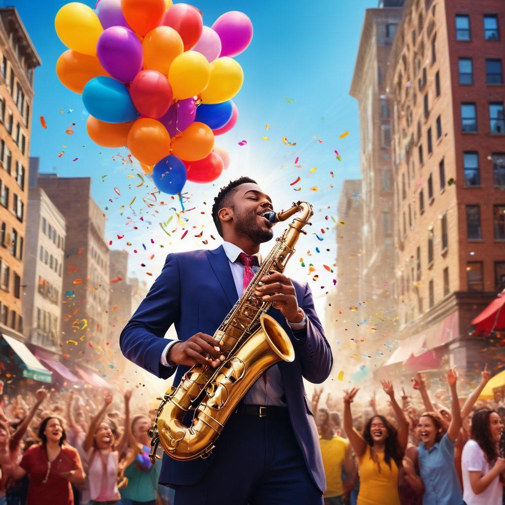 A vibrant scene of a cheerful saxophonist performing on a sunlit stage, surrounded by colorful musical notes dancing in the air. The audience, filled with joyful faces, claps and sways along, creating a lively atmosphere. The background features a colorful city skyline with balloons floating up, symbolizing happiness and celebration. Warm, bright colors dominate the scene to evoke a sense of joy and excitement. super-realistic. vibrant colors. lively atmosphere.