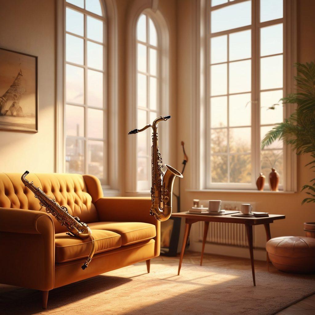A cozy living room setting with a vintage saxophone resting on a plush sofa, infused with warm, inviting colors. Sunlight streams through large windows, illuminating a collection of vibrant music notes dancing in the air. A steaming cup of tea sits on a nearby table, exuding relaxation. Include elements of musical joy, like animated saxophone players in the background. super-realistic. warm tones. 3D.