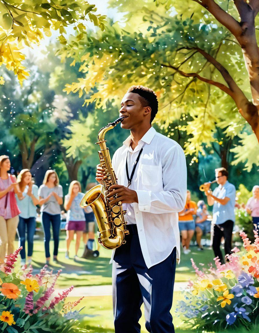 A bright, cheerful scene of a saxophonist playing in a sunlit park, surrounded by colorful flowers and happy people dancing to the music. Soft beams of sunlight filter through the trees, creating a warm and inviting atmosphere. The saxophone gleams with vibrant colors, symbolizing joyful tunes. Include musical notes floating in the air to enhance the mood of happiness. watercolor style. vibrant colors. soft focus.
